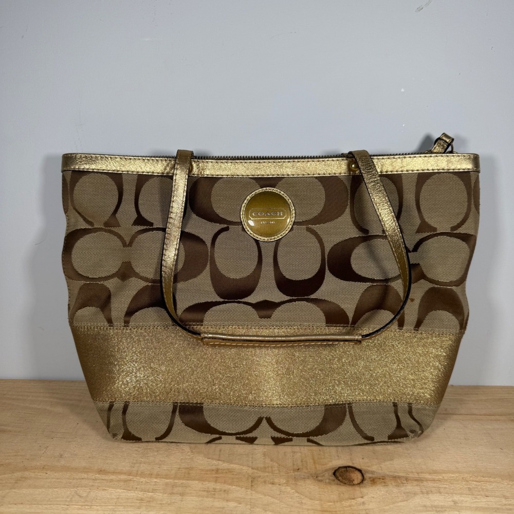 Coach Signature Stripe Tote Women Medium Khaki Gold Metallic F15112 Shoulder Bag
